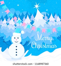Vector winter illustration with smiling snowman in turquoise santa hat with open arms in the snowy forest. Text Merry Christmas.