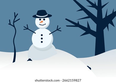 vetor inverno ilustração neve com um boneco de neve com uma cenoura em vez de um nariz e botões de carvão em um fundo de madeira