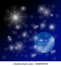Vector winter illustration with snowflakes made with rhinestones isolated on dark background with text space. Invitation, congratulation card template, postcard, poster, packaging, any graphic design.