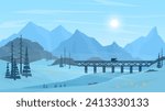 Vector winter illustration. The snowy landscape of the northern regions. A wide range of backgrounds for your projects. A river, a bridge and the journey of a lonely van.