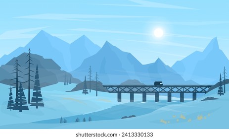 Vector winter illustration. The snowy landscape of the northern regions. A wide range of backgrounds for your projects. A river, a bridge and the journey of a lonely van.