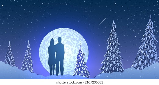 Vector winter illustration. St. Valentine's Day. silhouette of couple near trees in love on background of full moon.