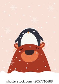 vector winter illustration, teddy bear and penguin in vector, snowfall, winter