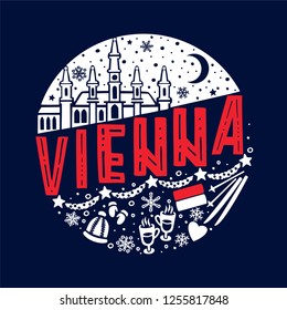 Vector winter illustration of Vienna. Round pattern with symbols and landscape of Vienna with isolated elements on dark background. Can be used as a sticker, print for t shirts, posters, cards