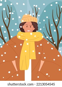 Vector Winter illustration. Walking in park or forest. Girl wearing warm clothes, warm coat, hat, scarf. Happy active woman. Woman walking on background of winter snow trees. Winter time, walking