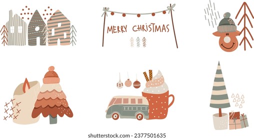 Vector winter illustrations in flat style, funny set of Christmas mood scenes, hand drawn vector illustration