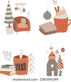 Vector winter illustrations in flat style, funny set of Christmas mood scenes, hand drawn vector illustration