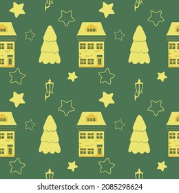 Vector winter image. Seamless pattern. Yellow Christmas elements on a green background. Stars, house, christmas tree