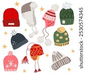 Vector winter knitted or faux fur warm hats set with pompons, ear flaps and decorations, snowflakes, stars
