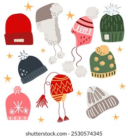 Vector winter knitted or faux fur warm hats set with pompons, ear flaps and decorations, snowflakes, stars
