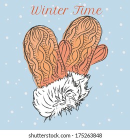 vector winter knitted mittens trimmed with fur