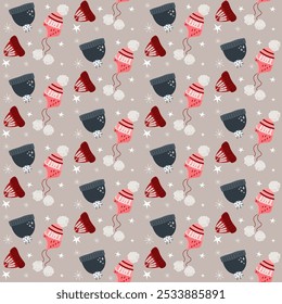 Vector winter knitted warm benie and ear flaps hats seamless pattern with pompons and decorations, snowflakes, stars

