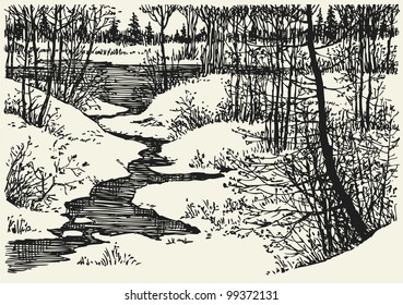 Vector winter landscape. The brook makes its way to the river among forest drifts
