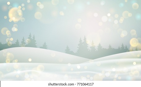 Vector winter landscape. Christmas background with snow-covered hills and forest in the distance