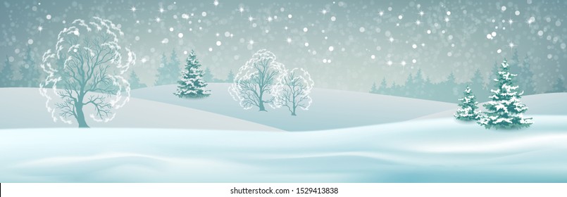 Vector winter landscape. Christmas panoramic banner. Trees, firs and and snow-covered hills