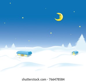 Vector winter landscape with cozy houses in the forest.