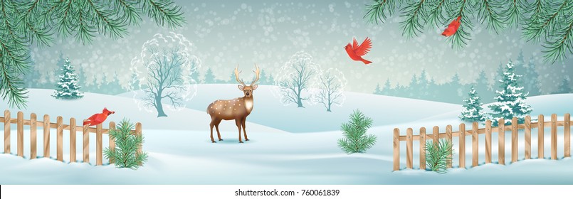 Vector winter landscape with a deer, fence, snow covered hills and red birds