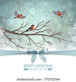 Vector winter landscape design. Frosty tree and birds bullfinches
