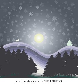 Vector, Winter landscape with falling snowflakes beautiful snow. Natural Winter background with mountain pine and the moon, heavy snowfall. Snowflakes in different shapes and forms, snowdrifts.