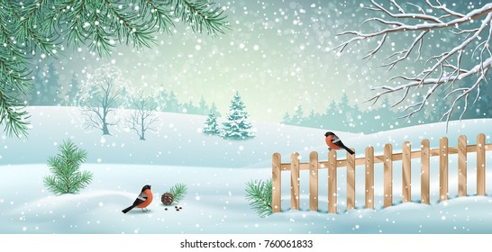 Vector winter landscape with fence, snow covered hills, bird bullfinch