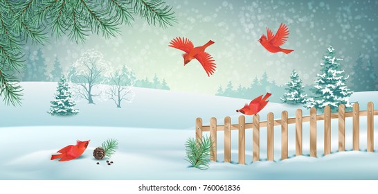 Vector winter landscape with fence, snow covered hills and red birds