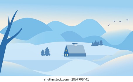 vector winter landscape. flat image of snowfall. small houses near the snowy hills