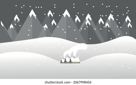 vector winter landscape. flat image of snowfall. small houses near the snowy hills