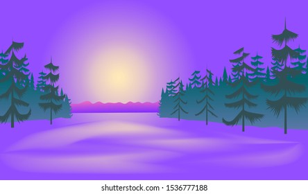 Vector winter landscape with forest and individual trees on a purple background. EPS10.