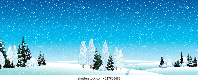 Vector winter landscape with forest and snowfall on a blue sky background