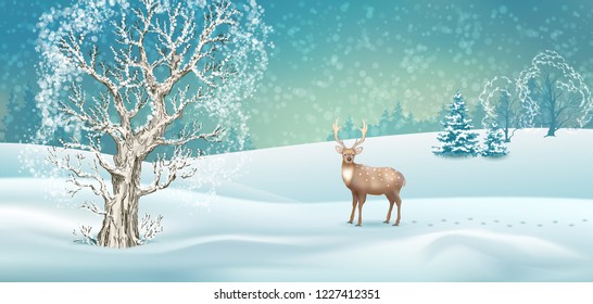 Vector winter landscape. Frosty tree, snow-covered hills and a deer