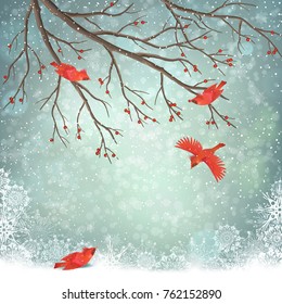 Vector winter landscape. Frosty tree and red birds