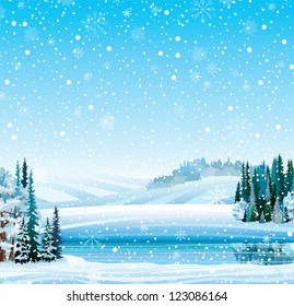 Vector winter landscape with frozen lake, forest, hill and snowfall