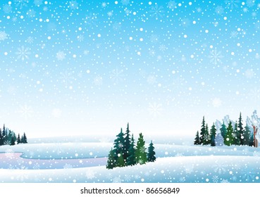 Vector winter landscape with frozen lake, forest and snowfall