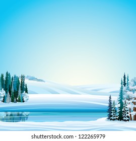 Vector winter landscape. Frozen river, forest and hills on a blue sky background.
