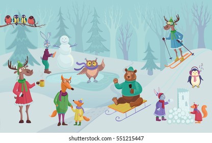 Vector Winter Landscape With Funny Little Cartoon Animals In Clothes. Games On The Snow.  