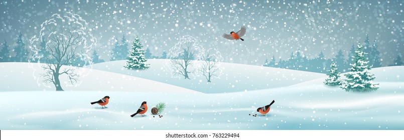 Vector Winter Landscape With Gifts, Snow Covered Hills, Bird Bullfinch. Christmas Header