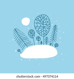 Vector winter landscape hand drawn scandinavian trendy style illustration. Naive style graphic. Sunny winter forest concept. Cold weather image for print.