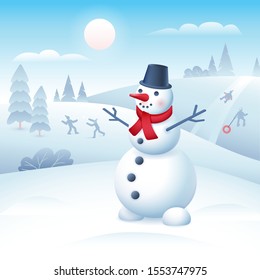 Vector winter landscape with happy detailed snowman in red scarf. Trees silhouettes, snow drifts, children plays and snow tubing.