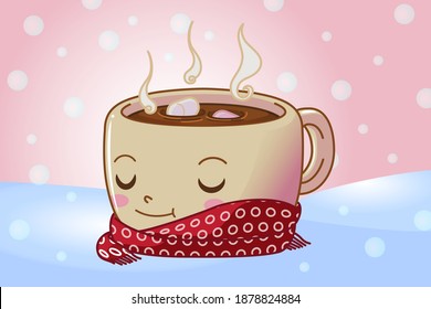 vector Winter landscape holiday christmas cozy hot warm mug character cup of tea chocolate coffee beverage with marshmallow happy face steam sitting in the snow wrapped in red scarf sunset pink sky