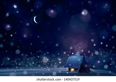 Vector of winter landscape with house in forest.