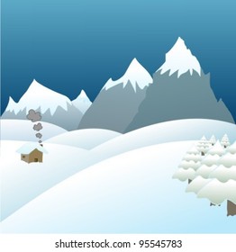 Vector winter landscape with house, road and mountains