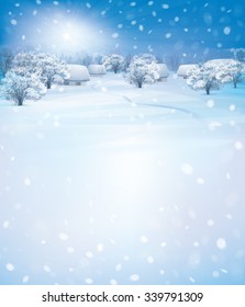Vector winter landscape with houses in forest.
