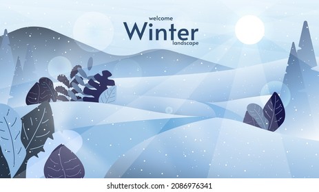 Vector winter landscape illustration. Blue mountains with trees, hill and leaves. Snowfall.  The sun is shining in the sky. 