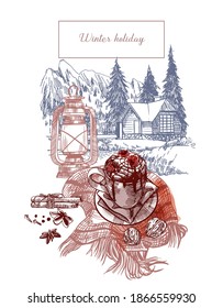 Vector winter landscape illustration with cocoa with cream and walnuts and scarf