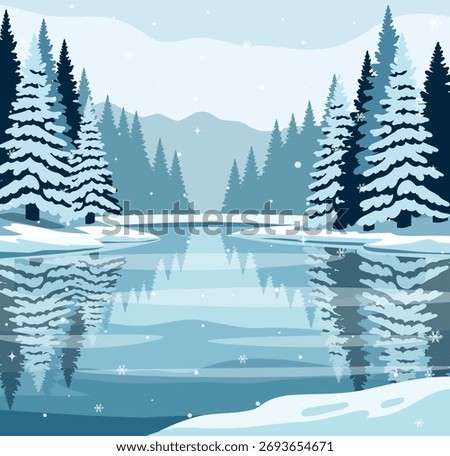 Vector winter landscape. Illustration of a snow-covered pine forest, river, and mountains under a cloudy sky with snowflakes. Perfect for posters, calendars, and branding. High quality, scalable