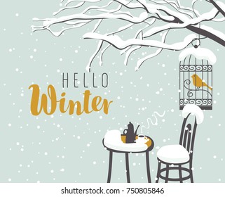 Vector winter landscape with inscription Hello Winter, with a bird in a cage, hanging on the snow-covered branches of tree, and the street cafe with hot tea on a snowy table.