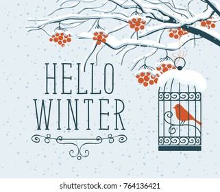 Vector winter landscape with lettering Hello Winter, with snow-covered branches, and red clusters of Rowan tree. Red bird in a cage hung on a branch in a flat style