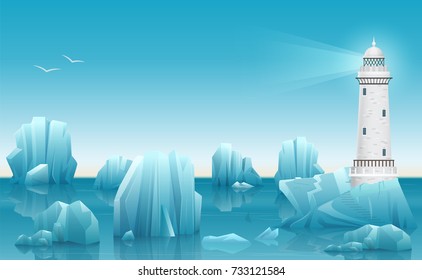 Vector Winter landscape of Lighthouse in the ice arctic ocean or sea with icebergs.