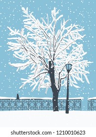 Vector winter landscape with a lonely cat on a wrought fence in the Park under a snow-covered tree. Snowy winter illustration