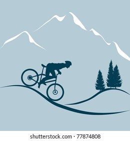 vector winter landscape with a man riding a mountain bike